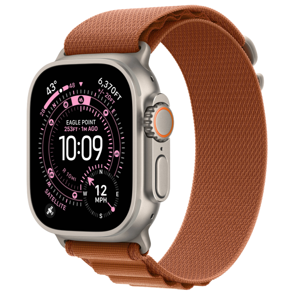 На фото изображено Apple Watch Ultra 3 GPS + Cellular, 49 мм, корпус из натурального титана, ремешок Alpine, цвет терракотовый, M