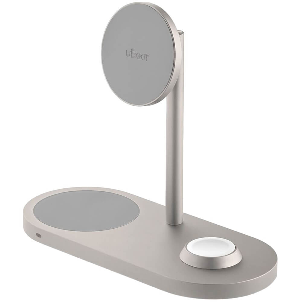 На фото изображено Беспроводное зарядное устройство uBear Stage Pro, 3 в 1, натуральный титан