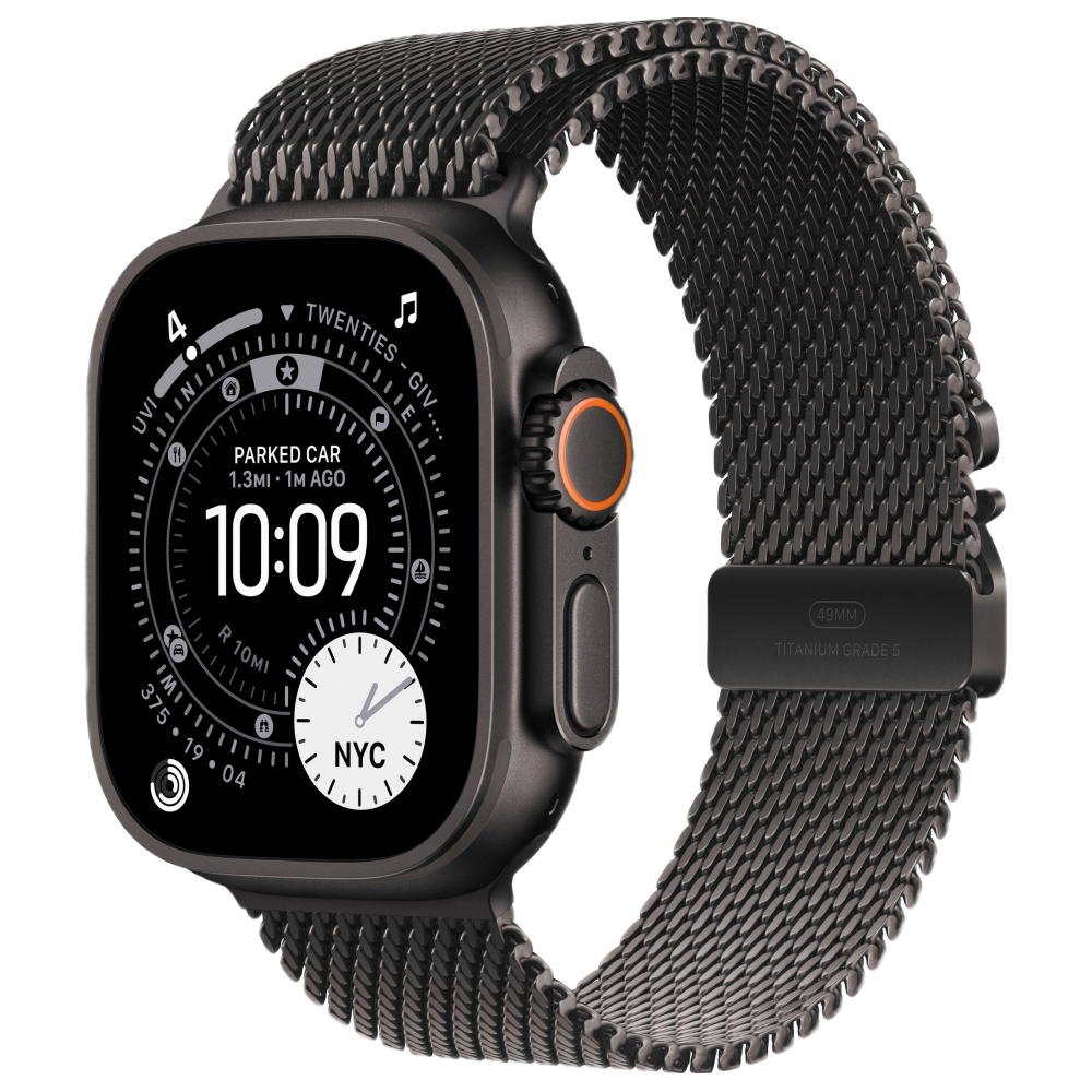 На фото изображено Apple Watch Ultra 3 GPS + Cellular, 49 мм, корпус из черного титана, ремешок Milanese черного цвета, размер S