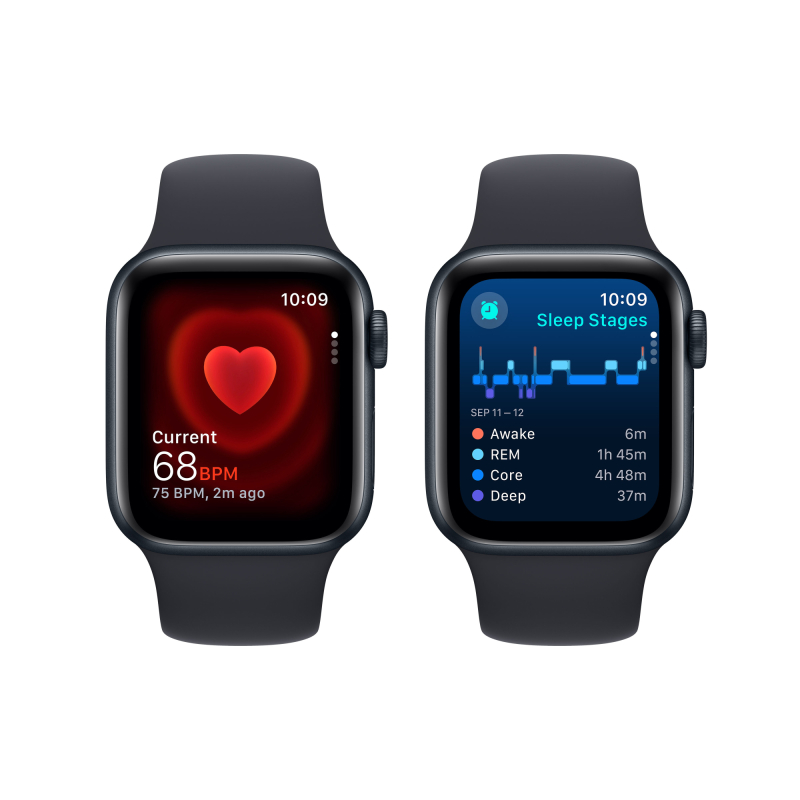 Apple Watch SE 2024, 44 мм, корпус из алюминия цвета «Тёмная ночь», спортивный ремешок, размер M/L