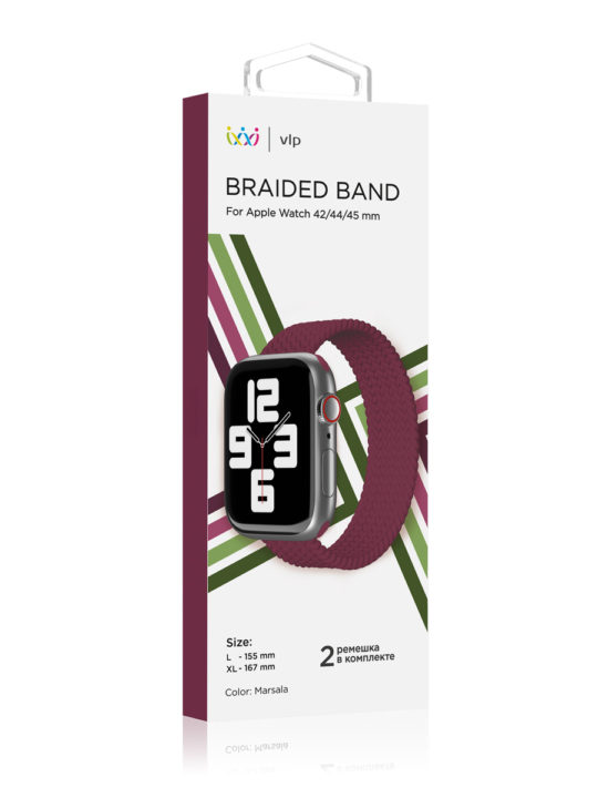 Ремешок нейлоновый плетёный VLP для Apple Watch 42/44/45, L/XL, марсала