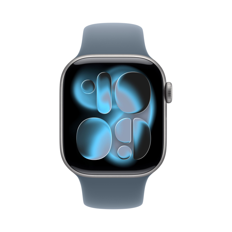 На фото изображено Apple Watch Series 11, 42 мм, корпус из алюминия цвета «Серый космос», спортивный ремешок, размер M/L