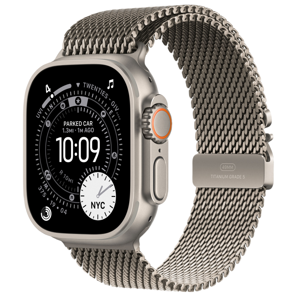 На фото изображено Apple Watch Ultra 3 GPS + Cellular, 49 мм, корпус из натурального титана, ремешок Milanese цвета «натуральный титан», размер L