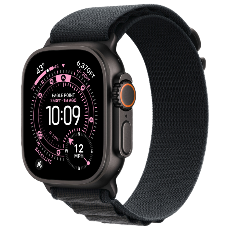 Фото Apple Watch Ultra 3 GPS + Cellular, 49 мм, корпус из чёрного титана, ремешок Alpine, цвет чёрный, S На фото изображено Apple Watch Ultra 3 GPS + Cellular, 49 мм, корпус из чёрного титана, ремешок Alpine, цвет чёрный, S