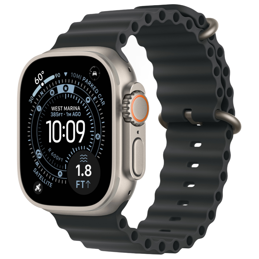 На фото изображено Apple Watch Ultra 3 GPS + Cellular, 49 мм, корпус из натурального титана, ремешок Ocean Band, цвет чёрный