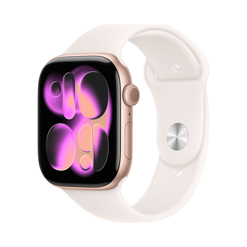 На фото изображено Apple Watch Series 11, 46 мм, корпус из алюминия цвета «Розовое золото», спортивный ремешок, размер M/L