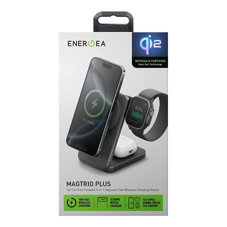 На фото изображено Беспроводное зарядное устройство Energea MagTrio Plus 3 в 1, черный