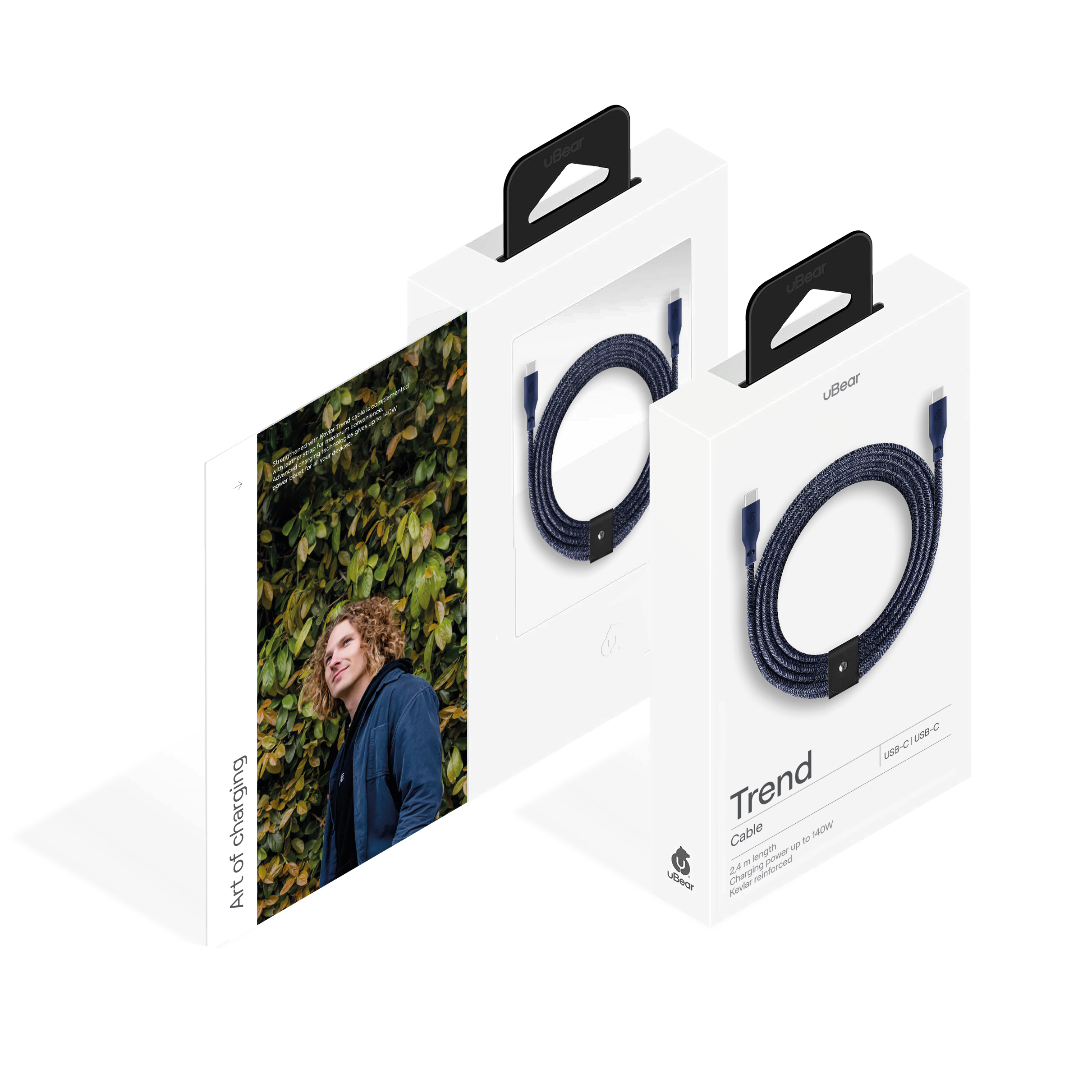 На фото изображено Зарядный кабель uBear Trend, USB-C/USB-С, 140 Вт, 2,4м, синий