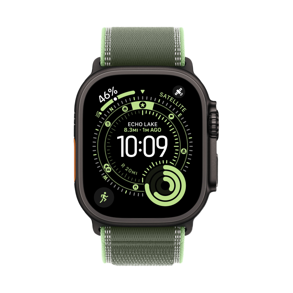 На фото изображено Apple Watch Ultra 3 GPS + Cellular, 49 мм, корпус из чёрного титана, ремешок Trail, цвет зелёный, M/L