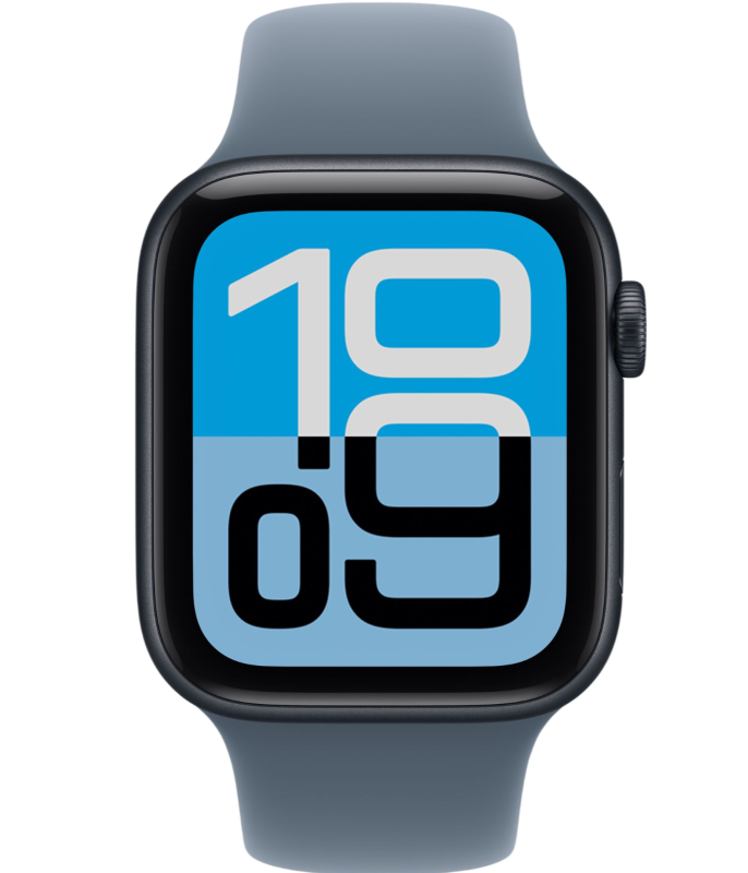 На фото изображено Apple Watch SE 3, 44 мм, корпус из алюминия цвета «Полуночный черный», спортивный ремешок, размер S/M