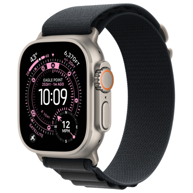 Фото Apple Watch Ultra 3 GPS + Cellular, 49 мм, корпус из натурального титана, ремешок Alpine, цвет чёрный, L На фото изображено Apple Watch Ultra 3 GPS + Cellular, 49 мм, корпус из натурального титана, ремешок Alpine, цвет чёрный, L