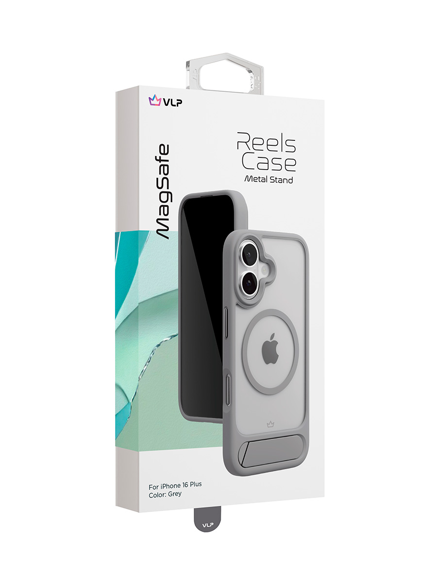 На фото изображено Чехол защитный VLP Reels Case с MagSafe для iPhone 16 Plus, серый