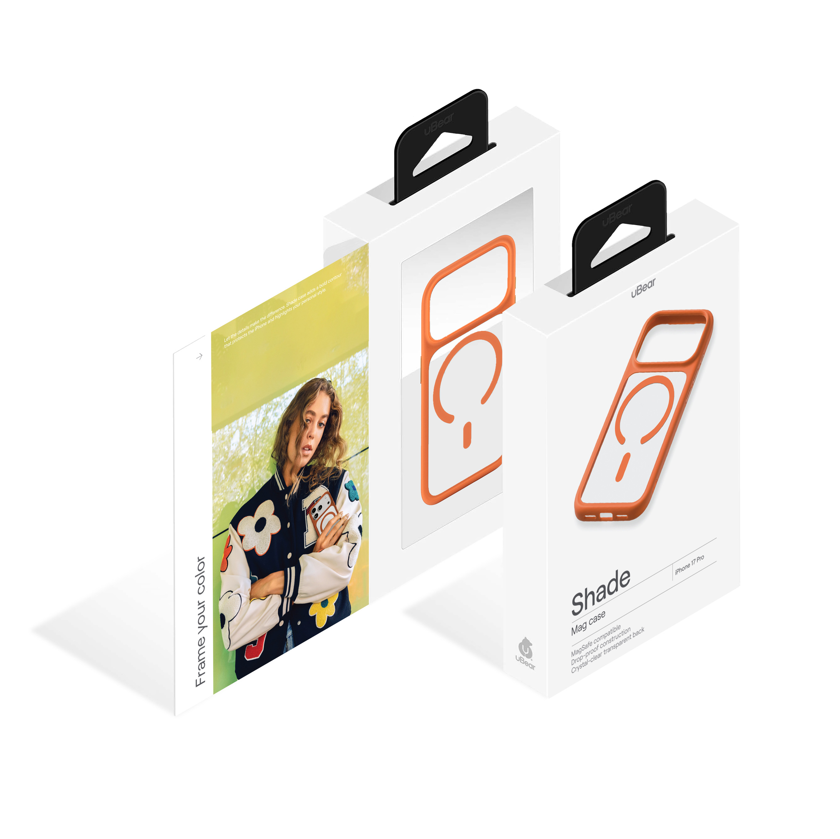 На фото изображено Чехол защитный uBear Shade Case для iPhone 17 Pro, MagSafe, оранжевый