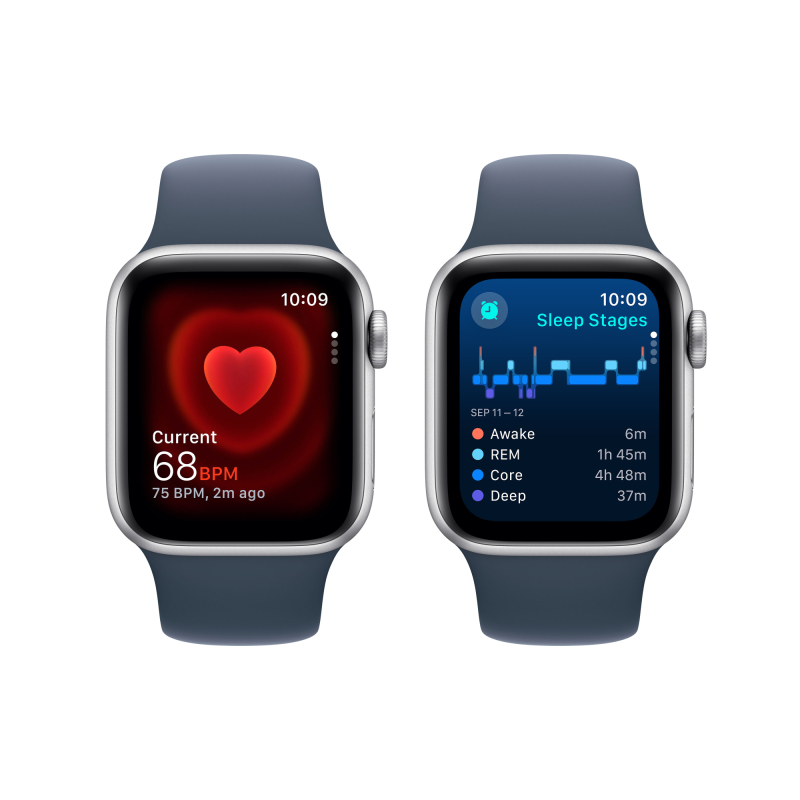 Apple Watch SE 2024, 40 мм, корпус из алюминия цвета «Серебристый», спортивный ремешок, размер S/M