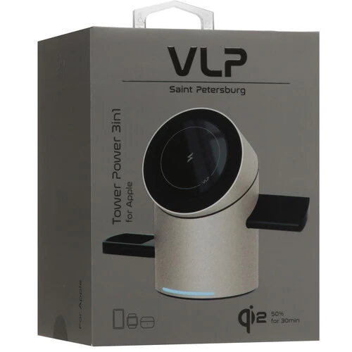 На фото изображено Беспроводное зарядное устройство Tower Power 3 в 1, натуральный титан