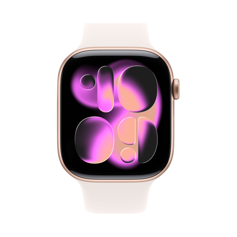 На фото изображено Apple Watch Series 11, 46 мм, корпус из алюминия цвета «Розовое золото», спортивный ремешок, размер S/M