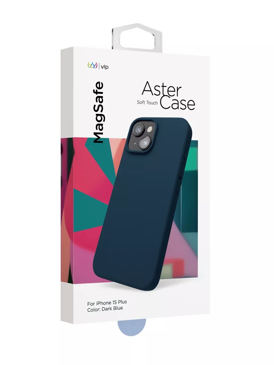 На фото изображено Чехол защитный VLP Aster Case с MagSafe для iPhone 15 Plus, темно-синий