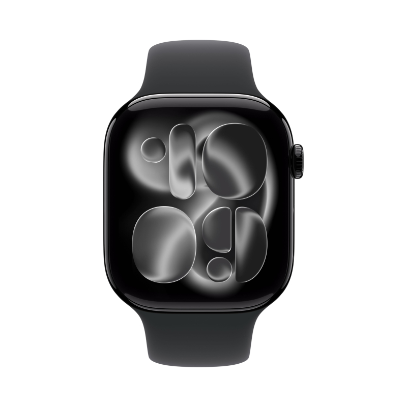 На фото изображено Apple Watch Series 11, 46 мм, корпус из алюминия цвета «Чёрный оникс», спортивный ремешок, размер M/L