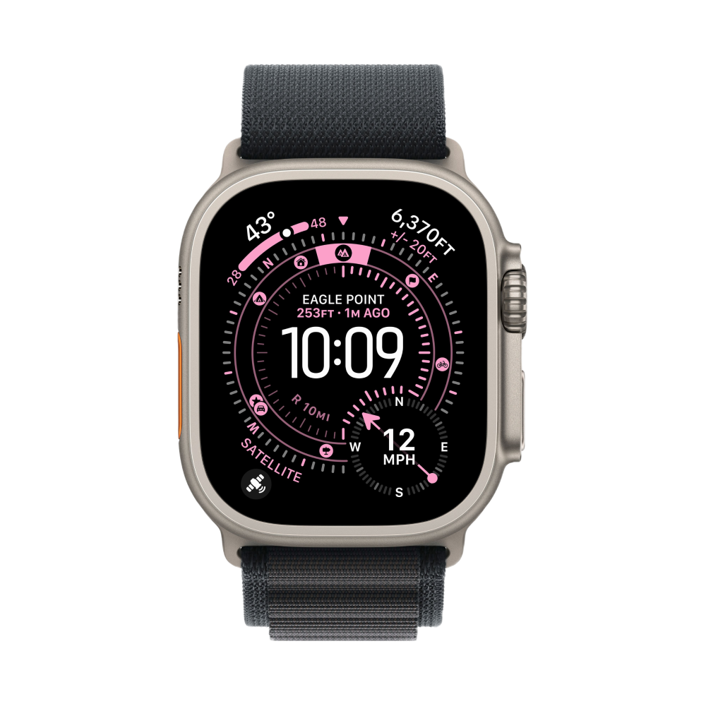На фото изображено Apple Watch Ultra 3 GPS + Cellular, 49 мм, корпус из натурального титана, ремешок Alpine, цвет чёрный, L