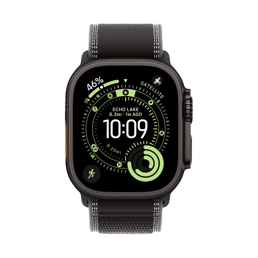 На фото изображено Apple Watch Ultra 3 GPS + Cellular, 49 мм, корпус из чёрного титана, ремешок Trail, цвет чёрный, S/M