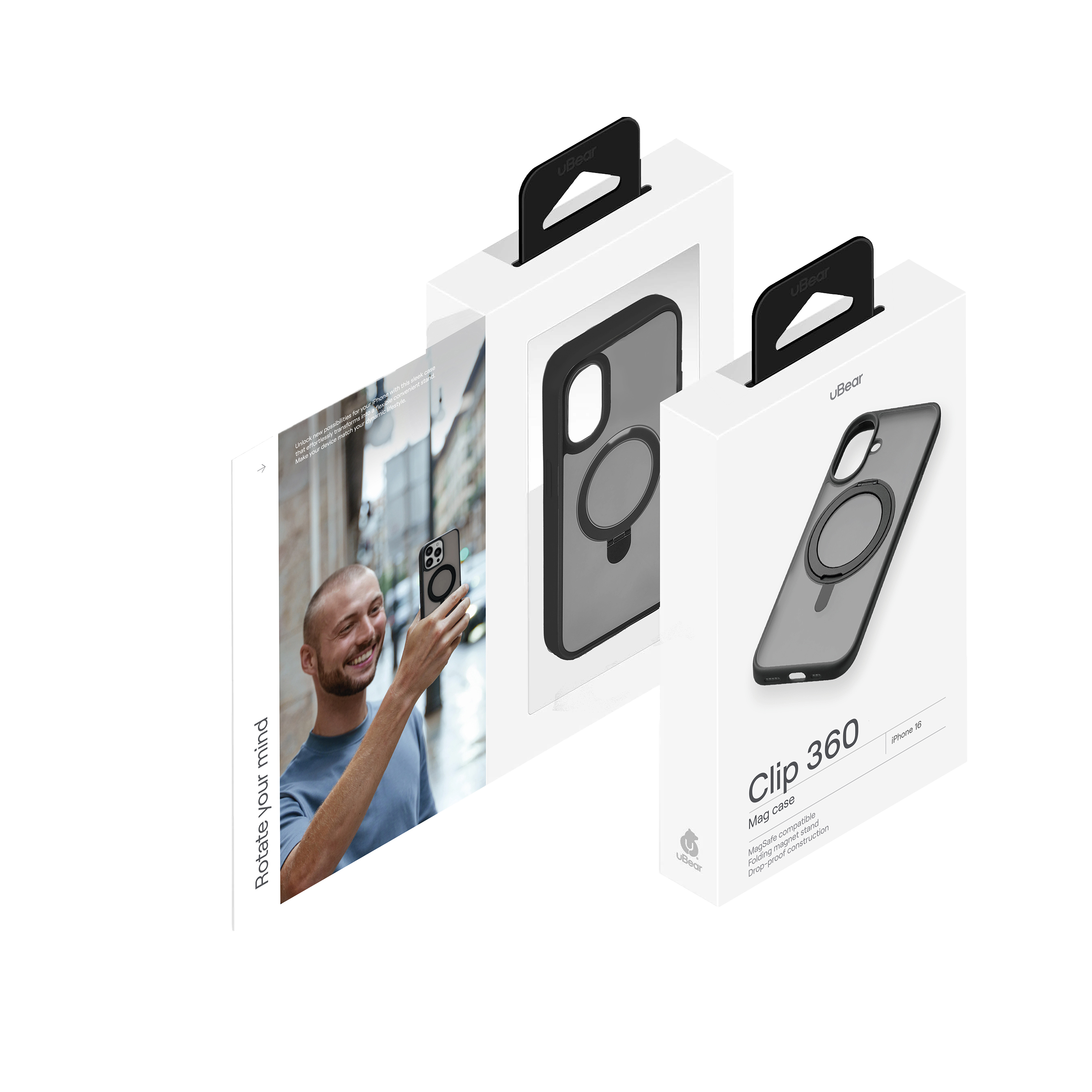 Чехол защитный uBear Clip 360 Mag Case для iPhone 16, с магнитной подставкой, черный