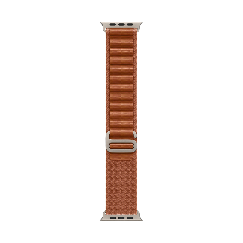 На фото изображено Apple Watch Ultra 3 GPS + Cellular, 49 мм, корпус из натурального титана, ремешок Alpine, цвет терракотовый, M