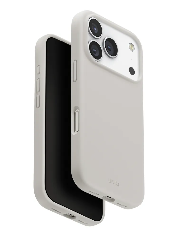 На фото изображено Чехол Uniq Lino MagSafe для iPhone 17 Pro Max, серый