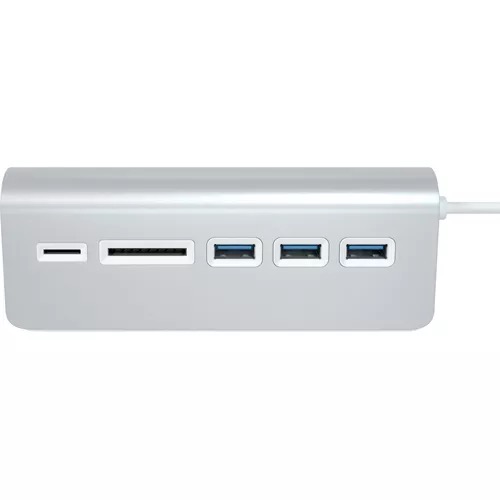 На фото изображено USB-хаб и кардридер Satechi Aluminum USB 30 Hub & Card Reader, серебряный