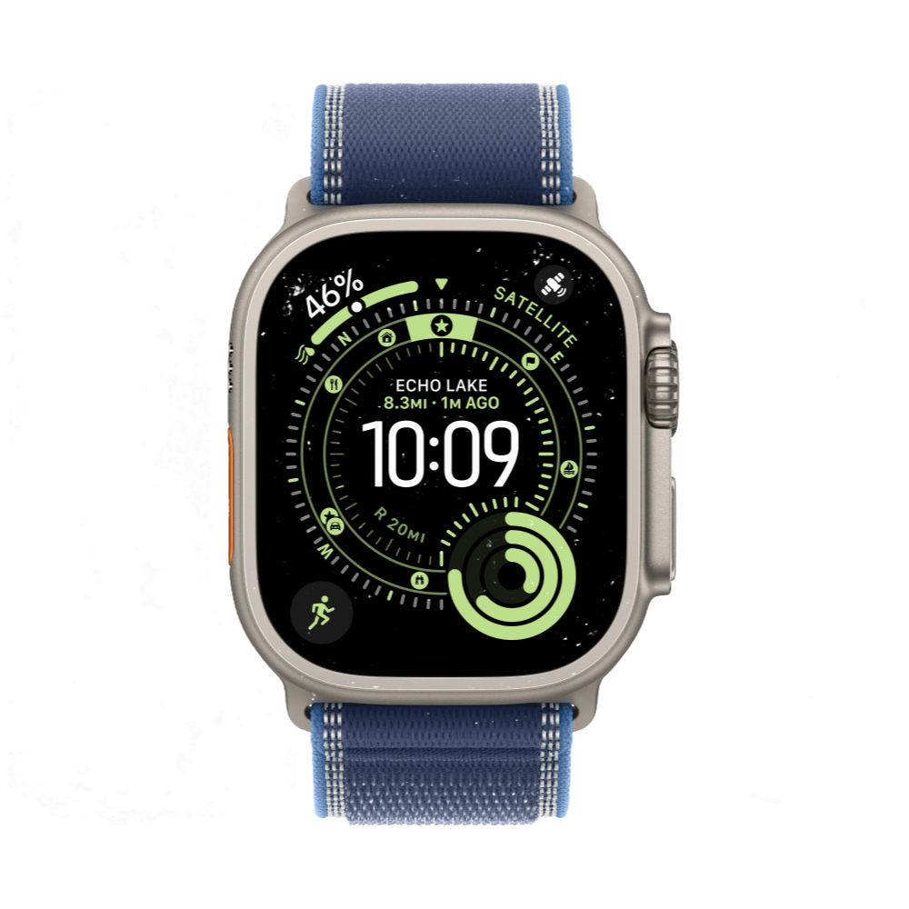 На фото изображено Apple Watch Ultra 3 GPS + Cellular, 49 мм, корпус из натурального титана, ремешок Trail, цвет синий, M/L