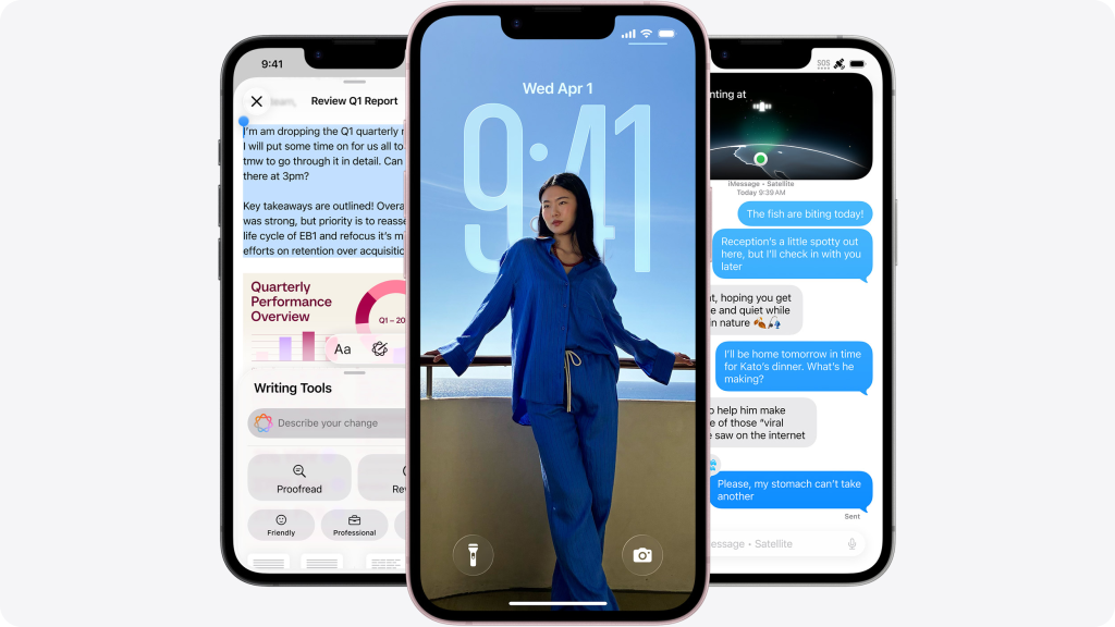 Коллаж из трех iPhone 17e с экранами, показывающими приложения, переписку и фото Коллаж из трех iPhone 17e с экранами, показывающими приложения, переписку и фото
